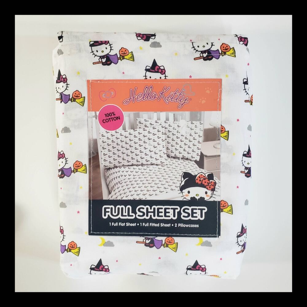 Halloween Full Size Sheet Set Hello Kitty Sanrio 4 Pcs Witch Pumpkin Cotton NEW